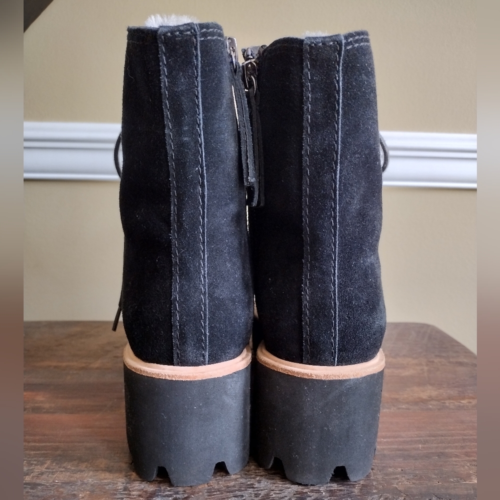ALL BLACK Black Cream Suede Shearling Lug Flatform Platform Boots Size 37.5 (7) - Picture 5 of 12